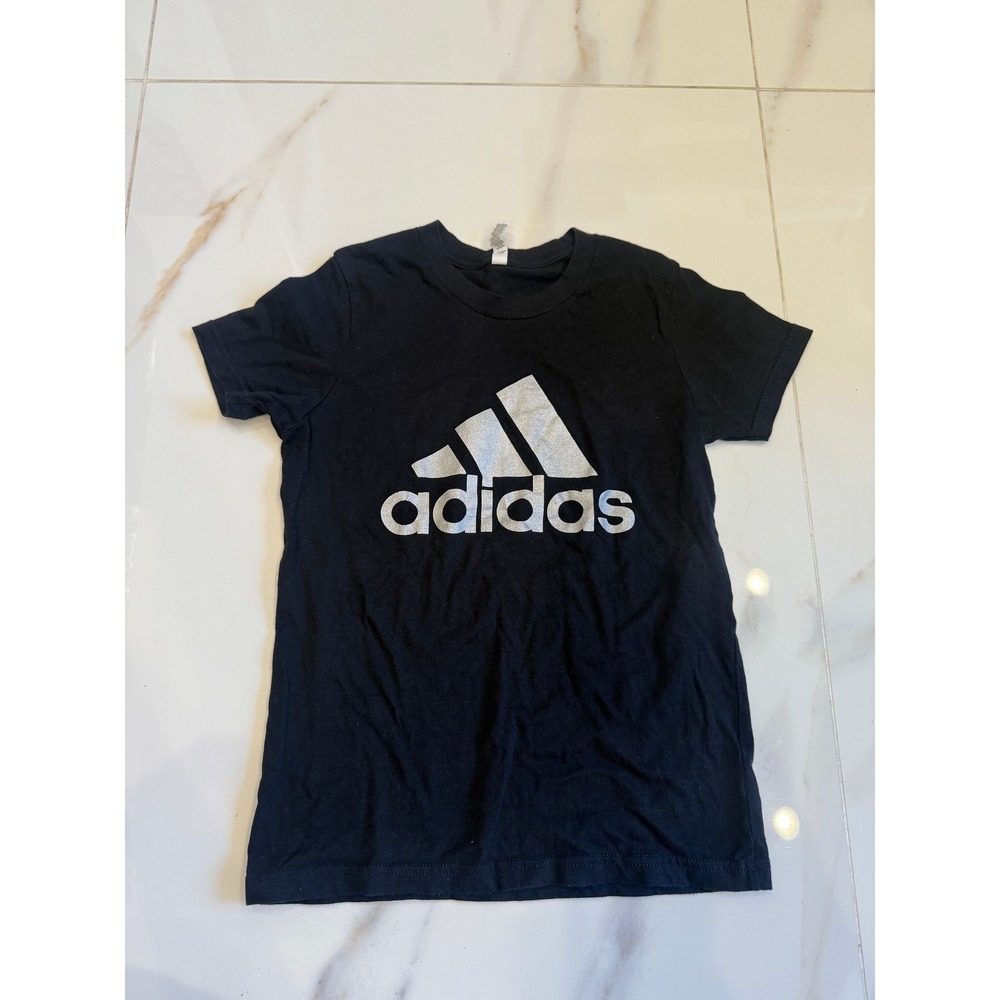 Adidas Womens Black Silver Glitter Logo Graphic T-Shirt Cotton Crew Neck Medium